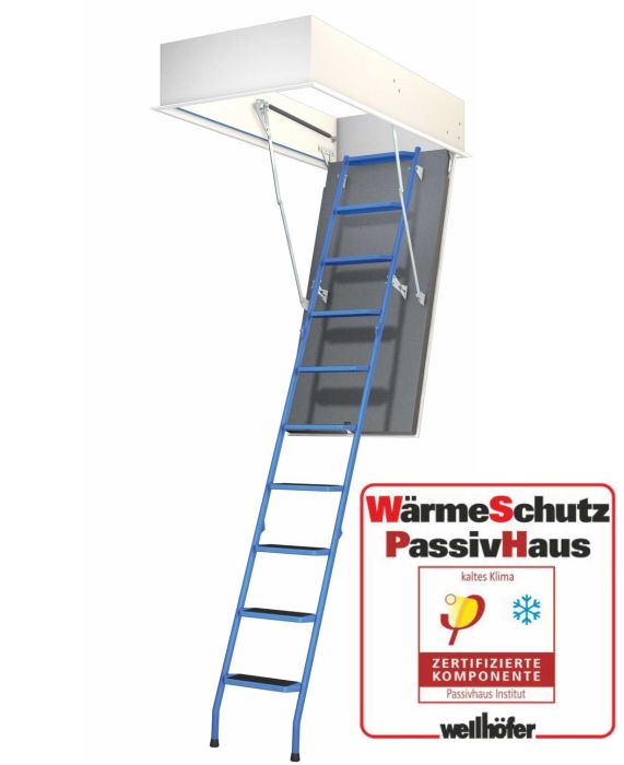 Wellhöfer Bodentreppe StahlBlau + Passivhaus Wärmeschutz
